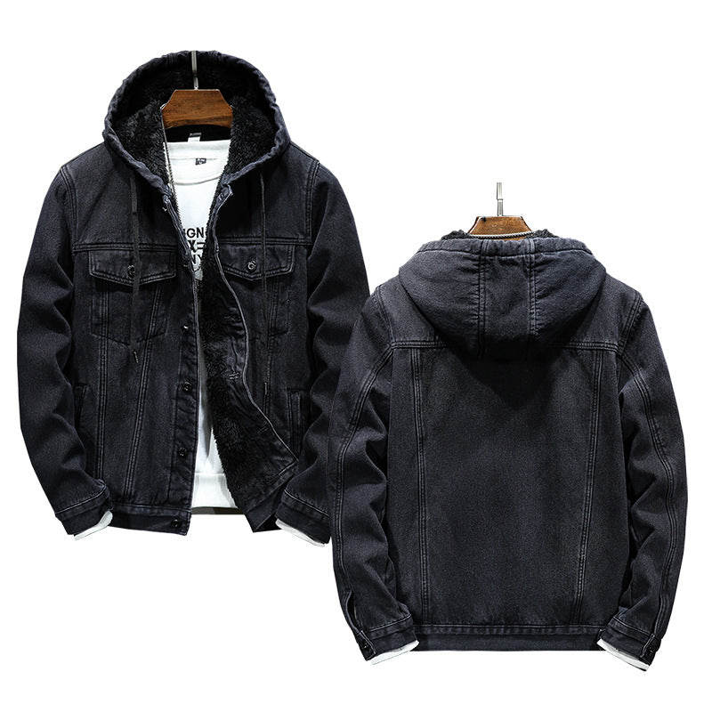 Warm Thick Men's Cotton Coat - Faux Shearling Hooded Denim Jacket