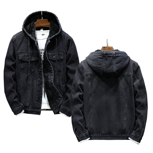 Warm Thick Men's Cotton Coat - Faux Shearling Hooded Denim Jacket