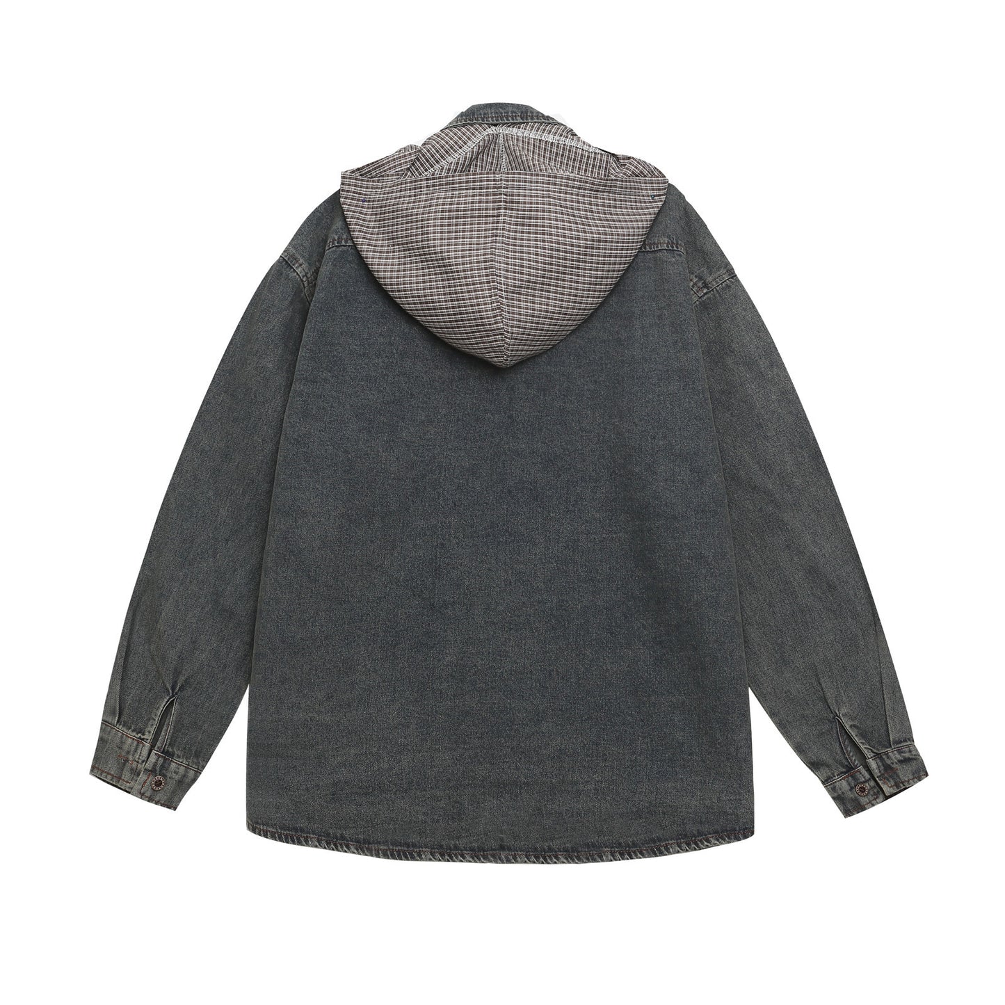 Washed Hooded Unique Design Long Sleeve Denim Shirt