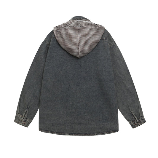 Washed Hooded Unique Design Long Sleeve Denim Shirt