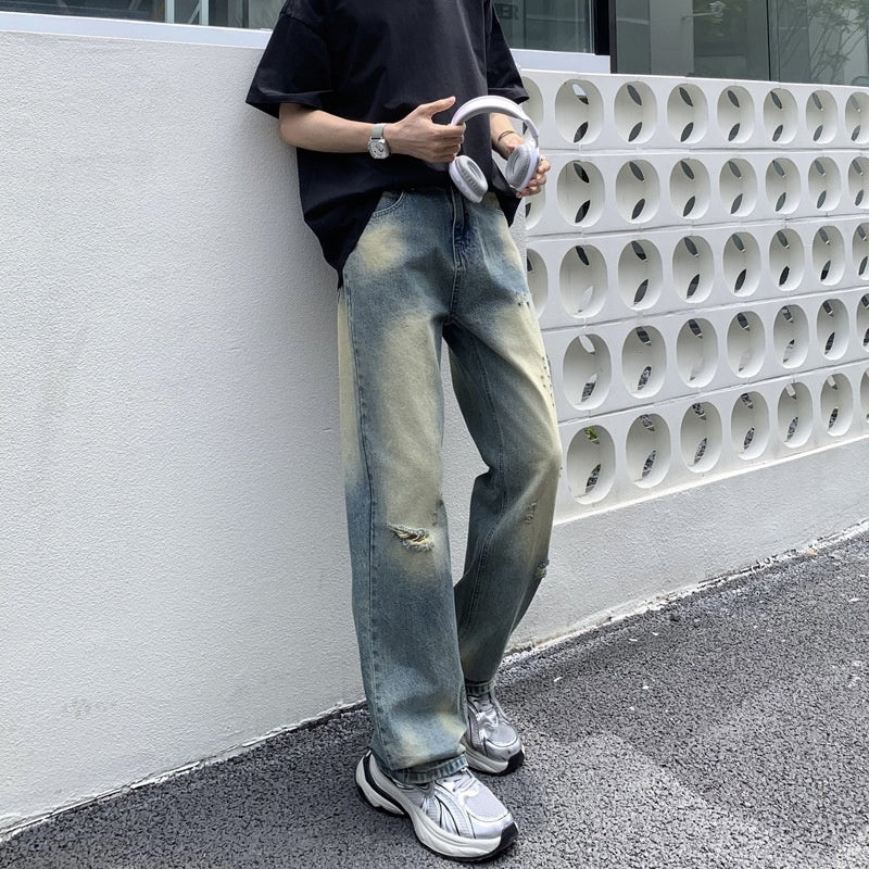 High Street Vibe Washed Yellow Mud Dyed Distressed Denim Pants for Men