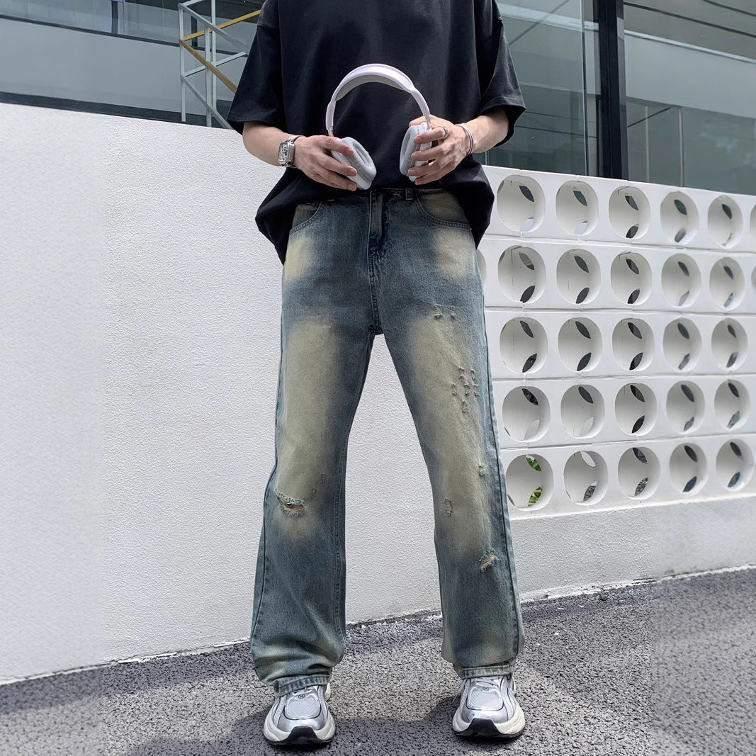 High Street Vibe Washed Yellow Mud Dyed Distressed Denim Pants for Men