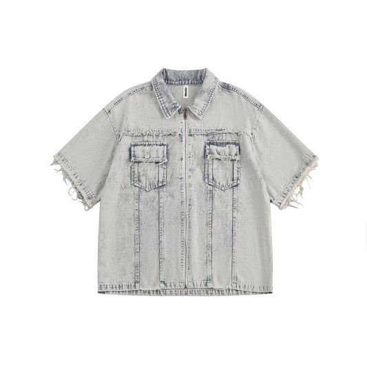 Retro Distressed Loose-Fit Denim Short-Sleeve Shirt with Raw Edges