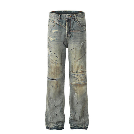 Mud Dyed Micro Flared Spliced Jeans - Distressed Denim with Unique Style