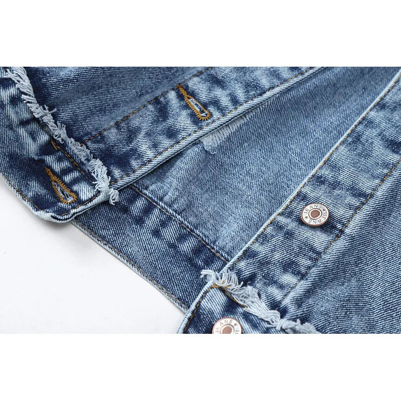 Women's Light Blue Denim Jacket with Frayed Details and Patchwork Design