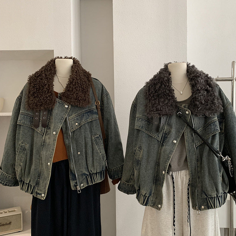 Loose Fleece-lined Thickened Denim Jacket Long Sleeve Casual Warm Top