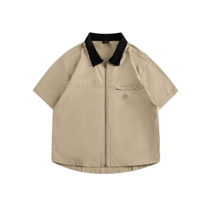 Minimally Embroidered Contrasting Collar Loose Workwear Short Sleeved Shirt for Men