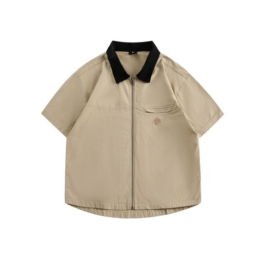 Minimally Embroidered Contrasting Collar Loose Workwear Short Sleeved Shirt for Men