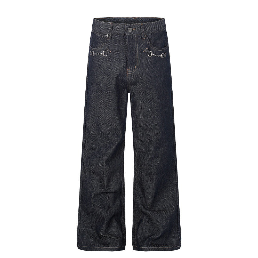 Black Cotton Denim Straight Leg Pants — Mid Rise, Zipper Fly, Street Style
