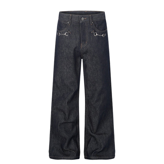 Black Cotton Denim Straight Leg Pants — Mid Rise, Zipper Fly, Street Style