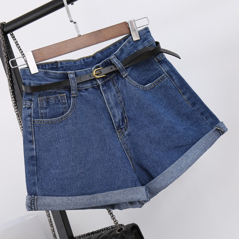 High Waist Women Denim Shorts with Pockets - Casual Cotton Slim Fit
