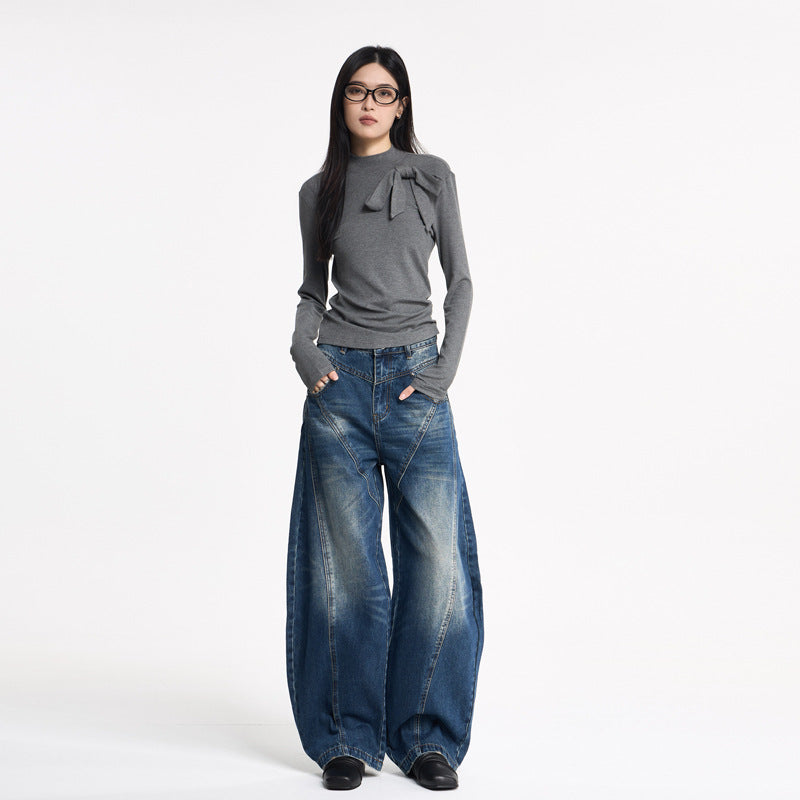 Women's Knife-Leg Jeans with Whiskers - Loose Casual Wide-Leg Pants