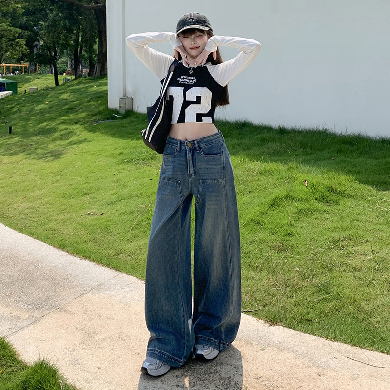 High-Waist Loose Fit Slimming Versatile Washed Floor-Length Wide-Leg Jeans for Women