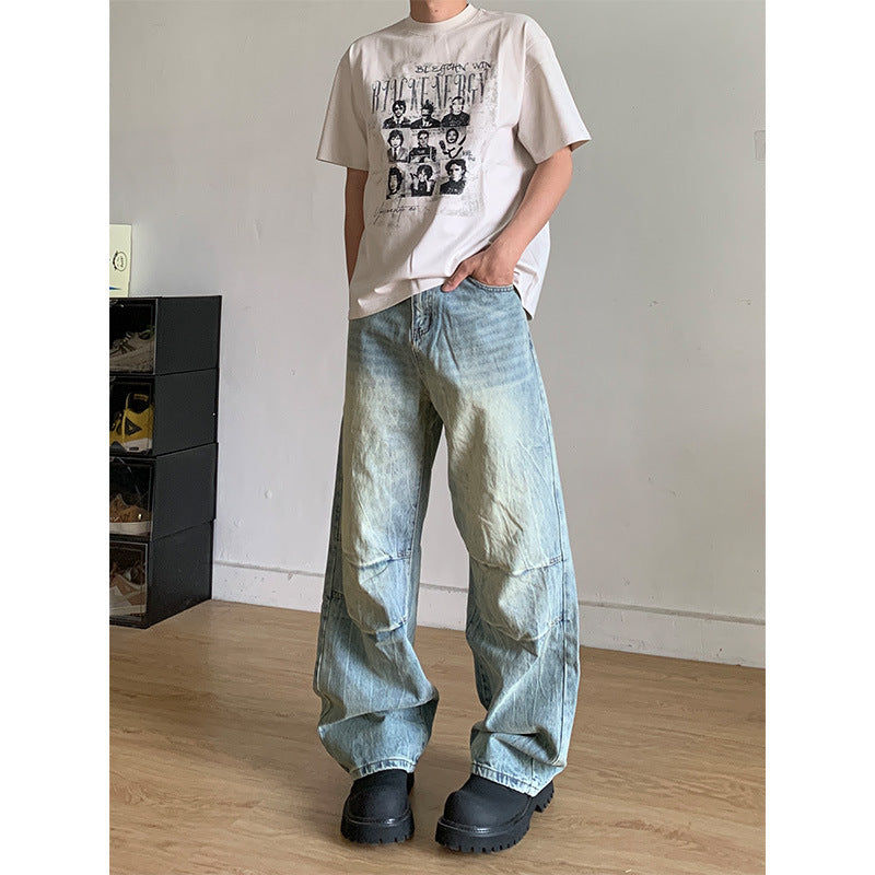 Washed and Worn Loose Straight Leg Wide Leg American Style Long Pants