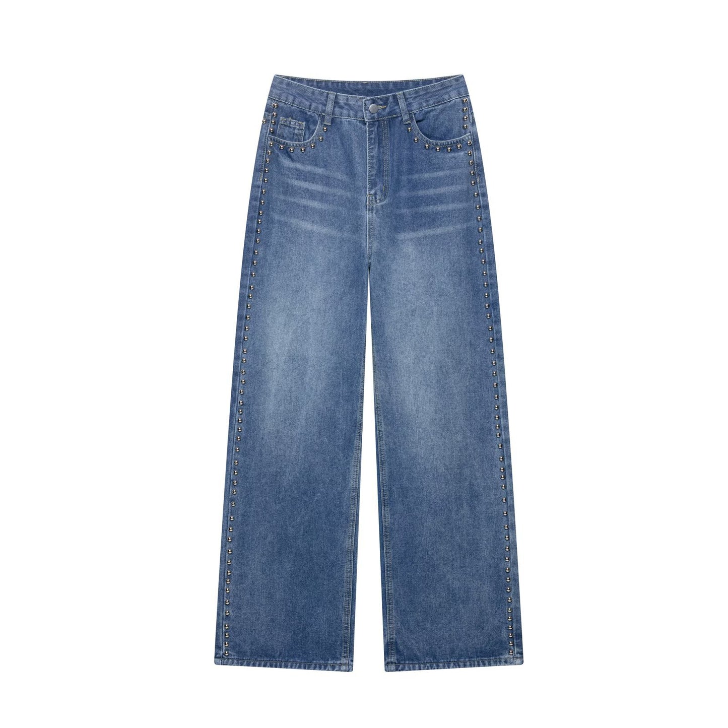 Casual Vintage Mid High Waisted Denim Wide Leg Pants for Women
