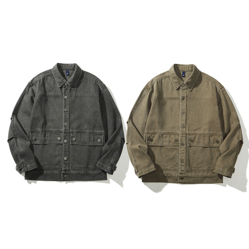 Heavyweight Vintage Workwear Jacket for Men - Loose Fit Distressed Washed Denim-Like Coat