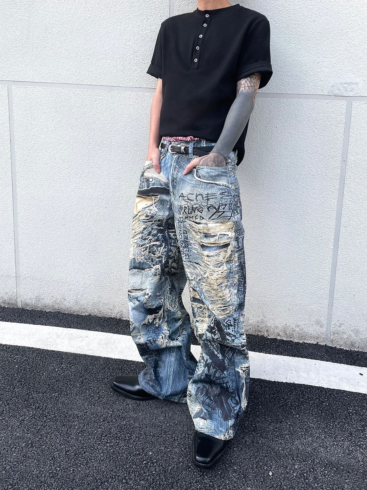 Digital Printed Letter Flower Denim Jeans for Men