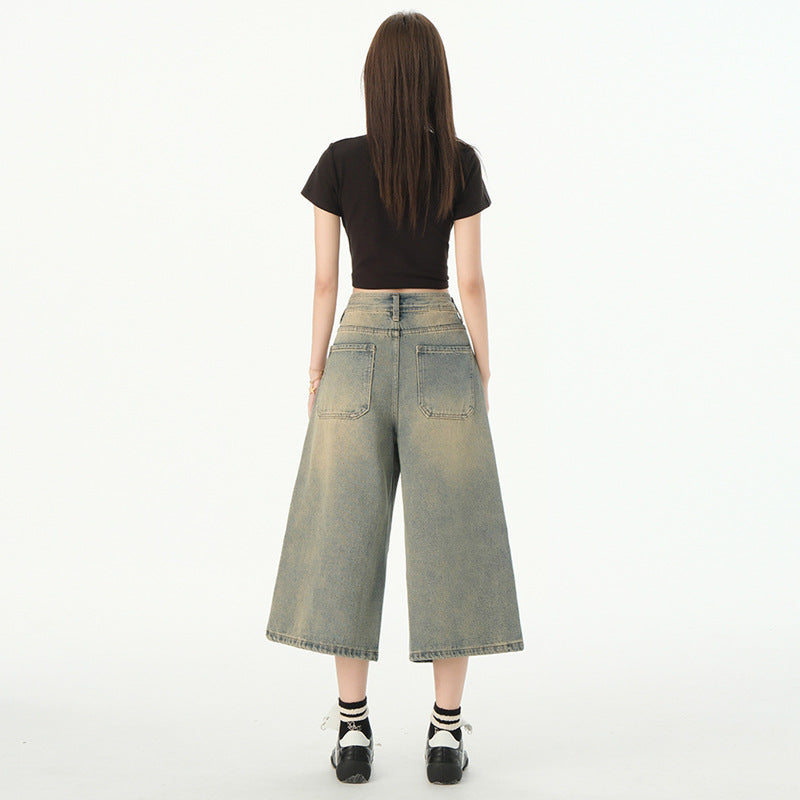 High-Waisted Women's Denim Pants - Vintage Loose Wide-Leg Cropped Style