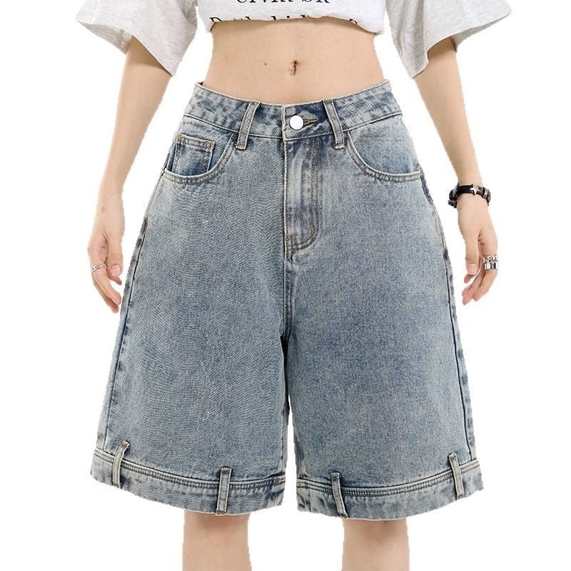 Retro Design Denim Shorts for Women - Loose Five-Quarter Pants