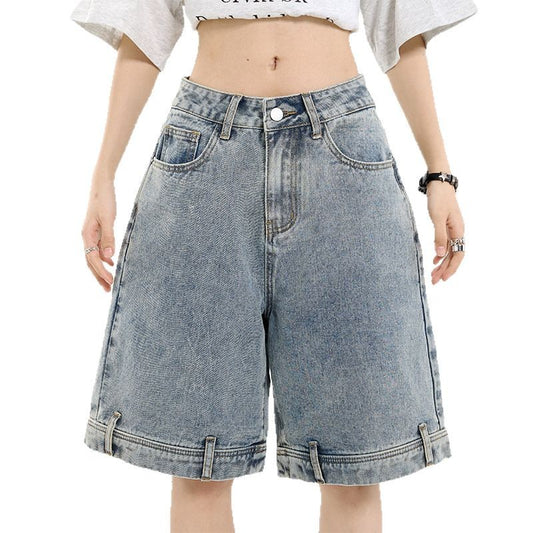 Retro Design Denim Shorts for Women - Loose Five-Quarter Pants