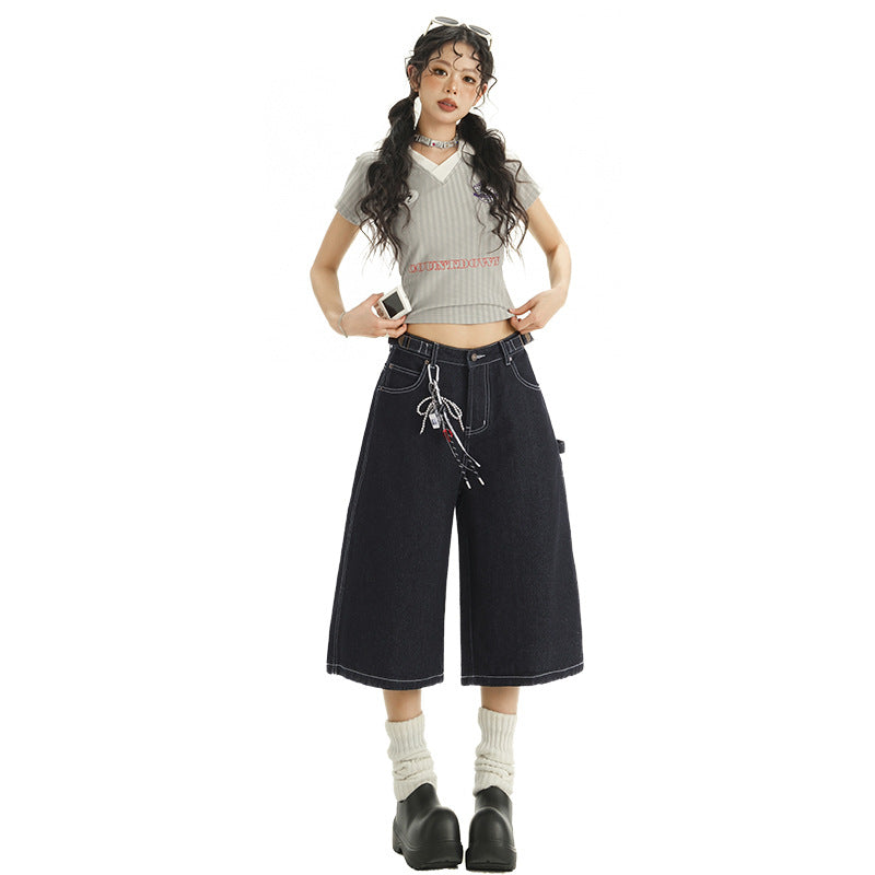 Women's Wide Leg Denim Capri Pants - Summer Loose Drape Trousers