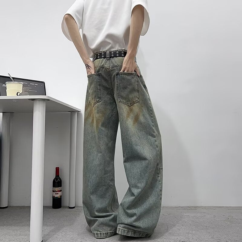 Vintage Distressed Dirty Blue Wide Leg Jeans - Premium Japanese Denim