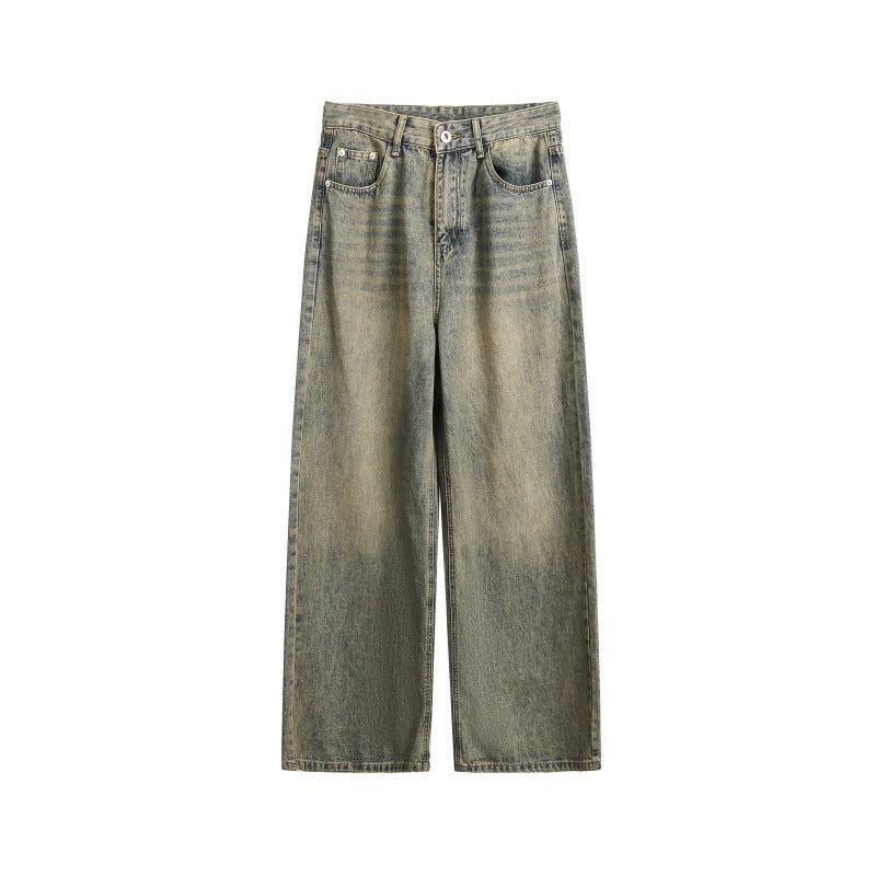Japanese Retro Loose Straight Leg Denim Pants in Rust Yellow