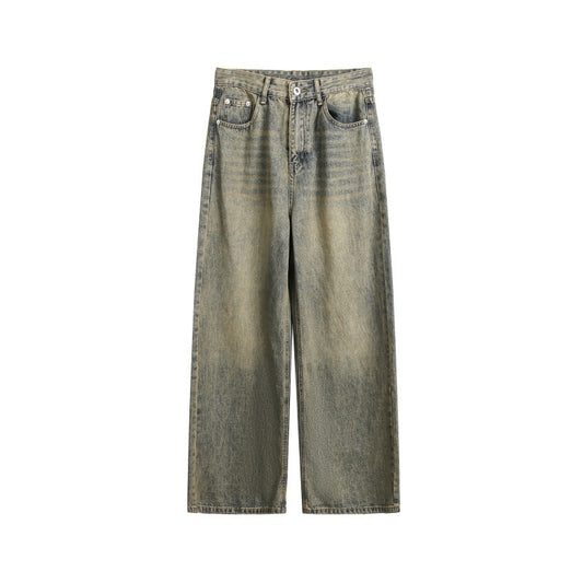 Japanese Retro Loose Straight Leg Denim Pants in Rust Yellow