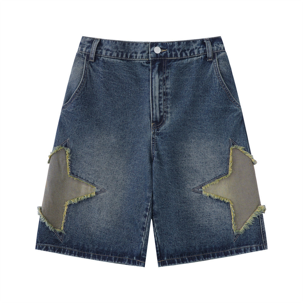Men's Star-Embroidered Loose Fit Denim Shorts