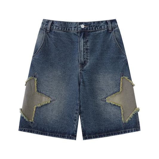 Men's Star-Embroidered Loose Fit Denim Shorts