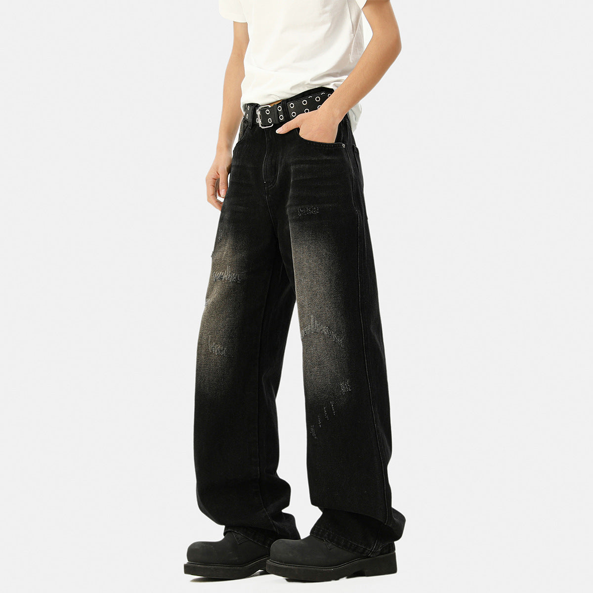 Distressed Straight Leg Jeans for Men - Loose Wide Leg Casual Trousers