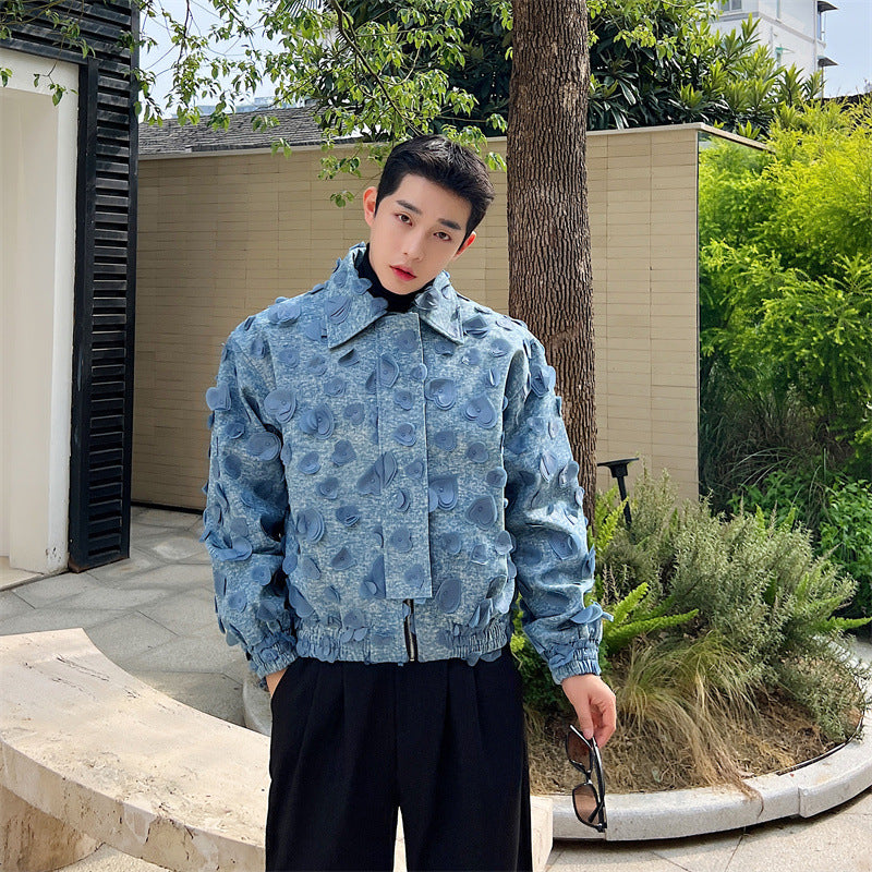 Large Blue 3D Denim Jacket with Lapel for Women