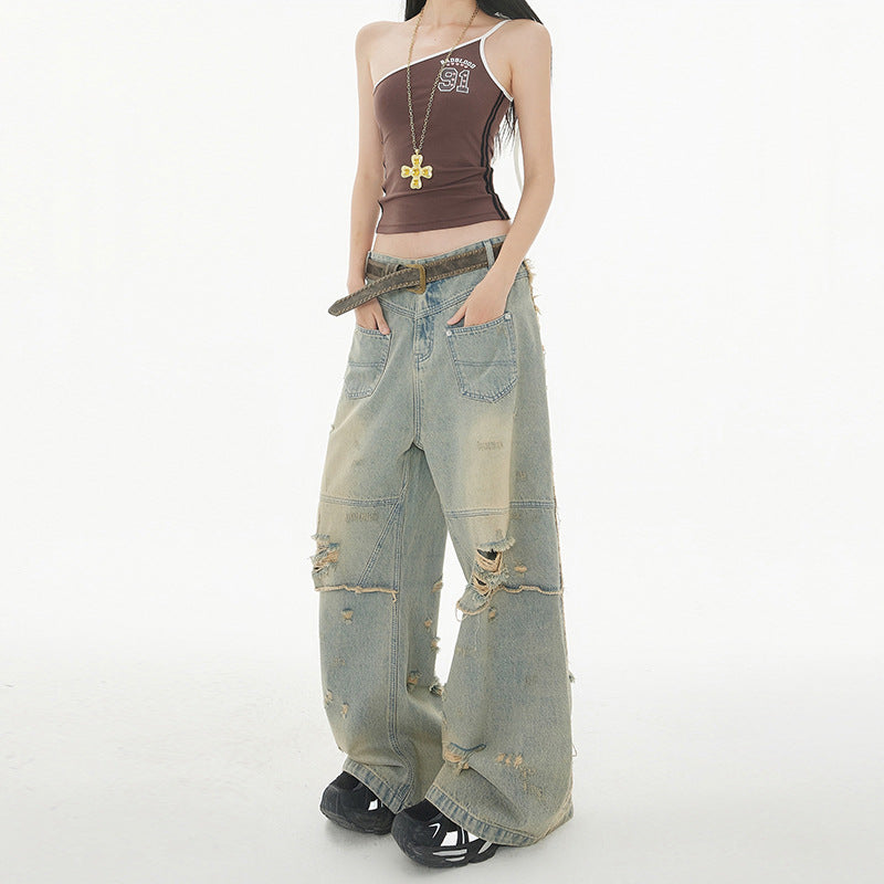 High Street Post-Apocalyptic Style Distressed Denim Pants