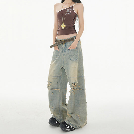 High Street Post-Apocalyptic Style Distressed Denim Pants