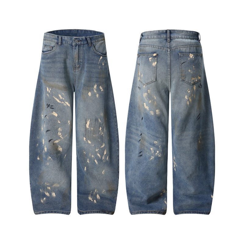 Distressed Splatter Paint Tapered Denim Pants - Wide Leg Floor Length