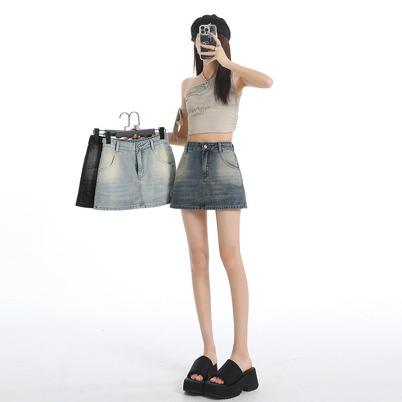 High-Waisted Vintage Denim A-Line Skirt for Women - Anti-See-Through Bodycon Short Skirt