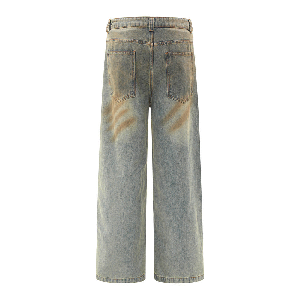 Men's Distressed Denim Jeans with Faded and Cat-Whisker Wash, Loose Fit, Casual Pants