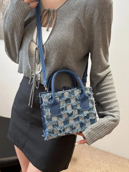 Handcrafted Checkered Denim Handbag with Raw Hem