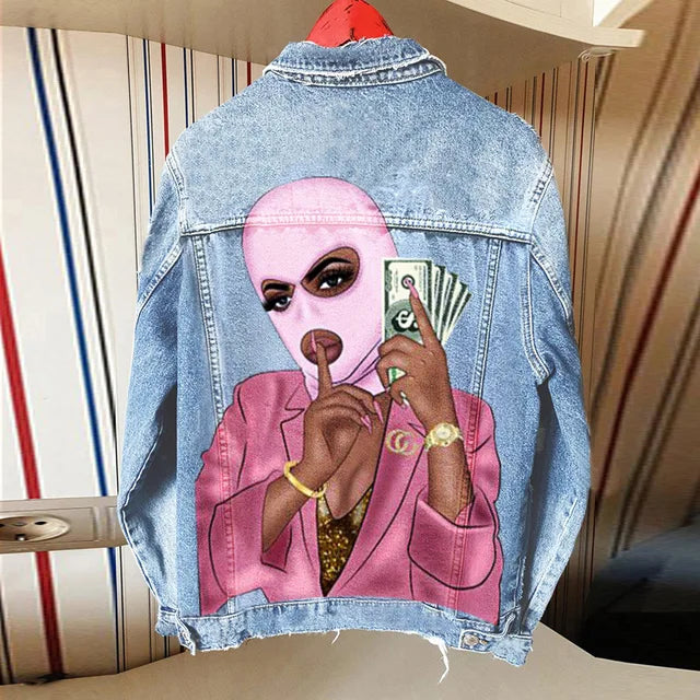 Women's  Denim Jacket with Get Money Woman Print