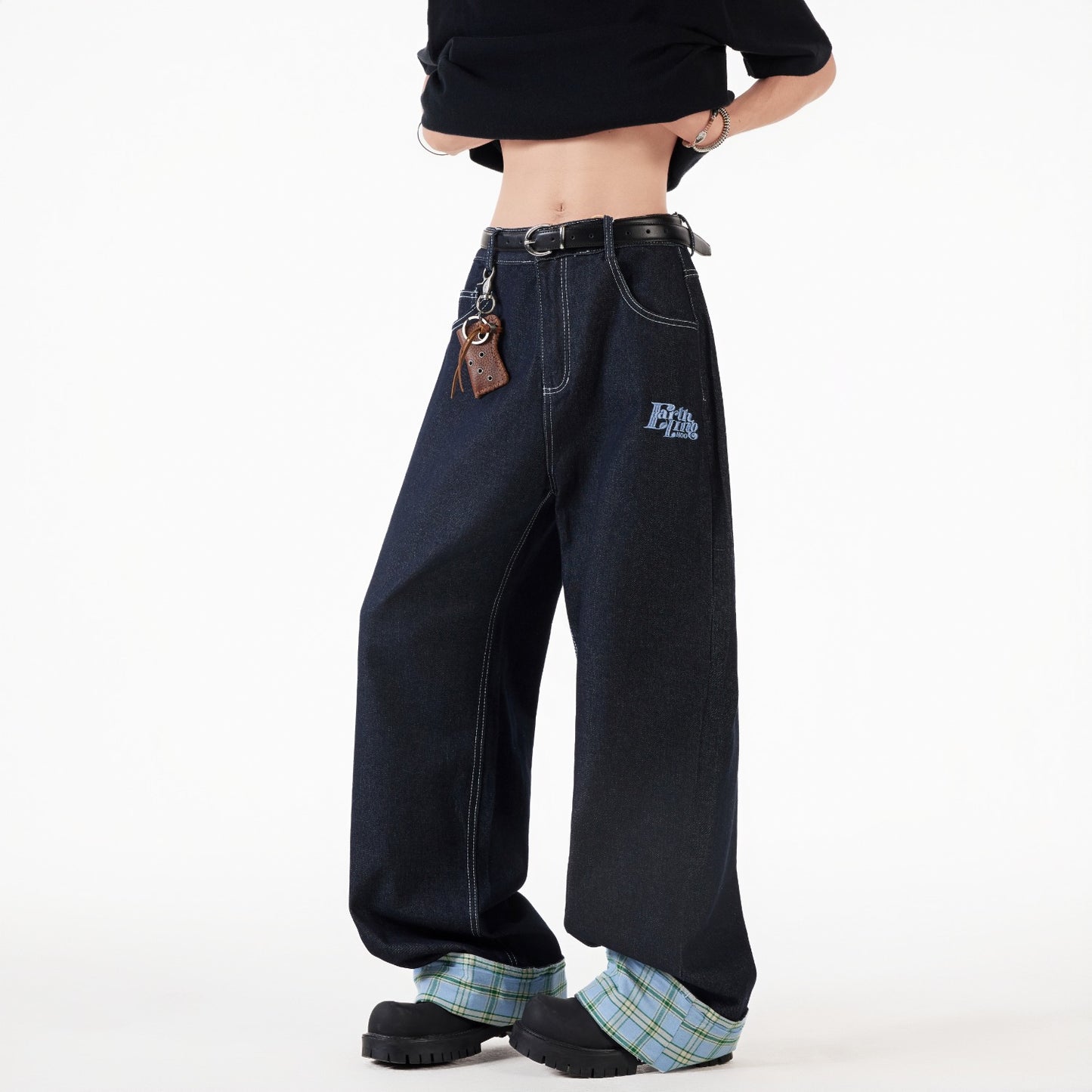 Grid Splicing Rolled Edge Jeans - Straight Leg Loose Pants