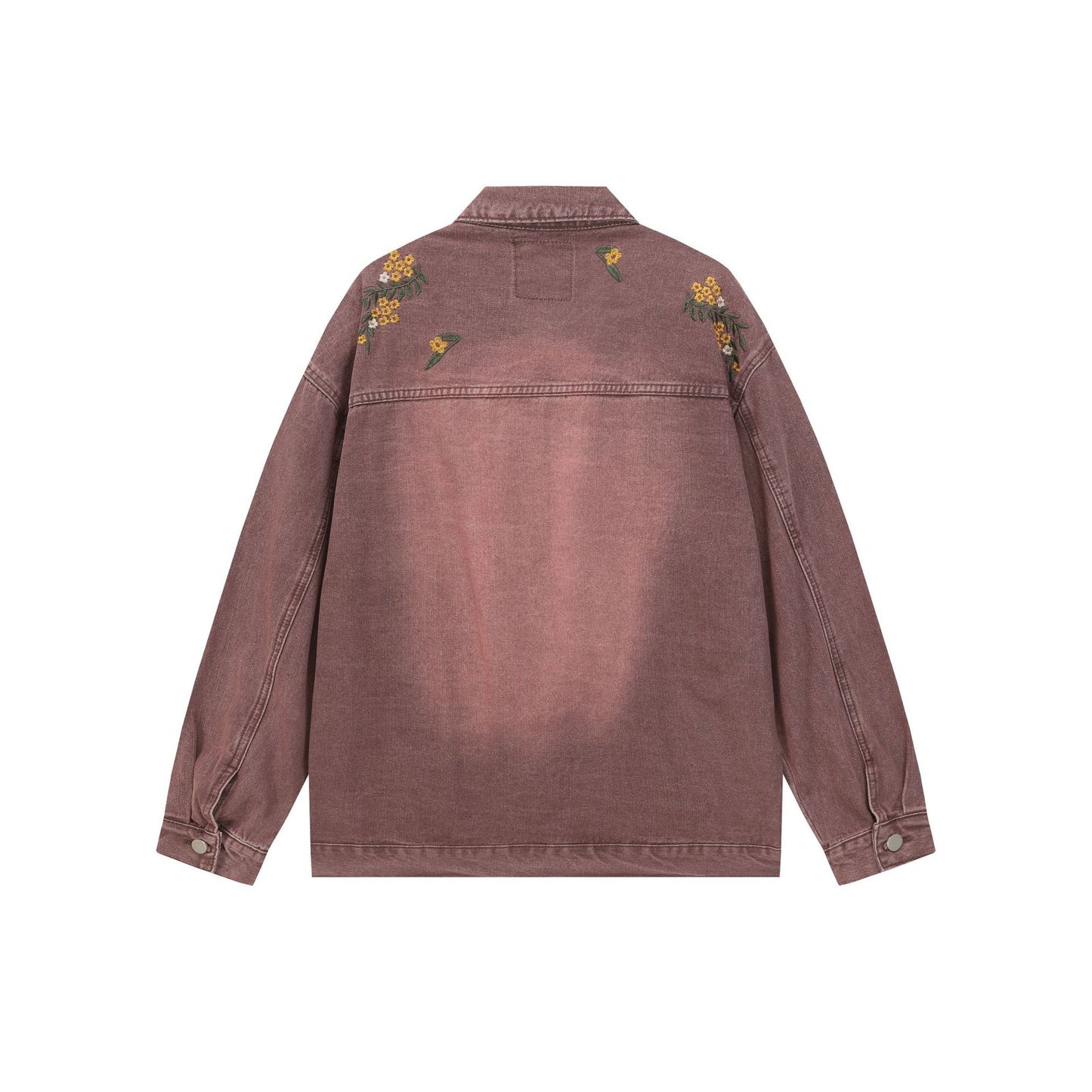 Floral Embroidery Washed Denim Jacket with Button Closure and Notched Collar