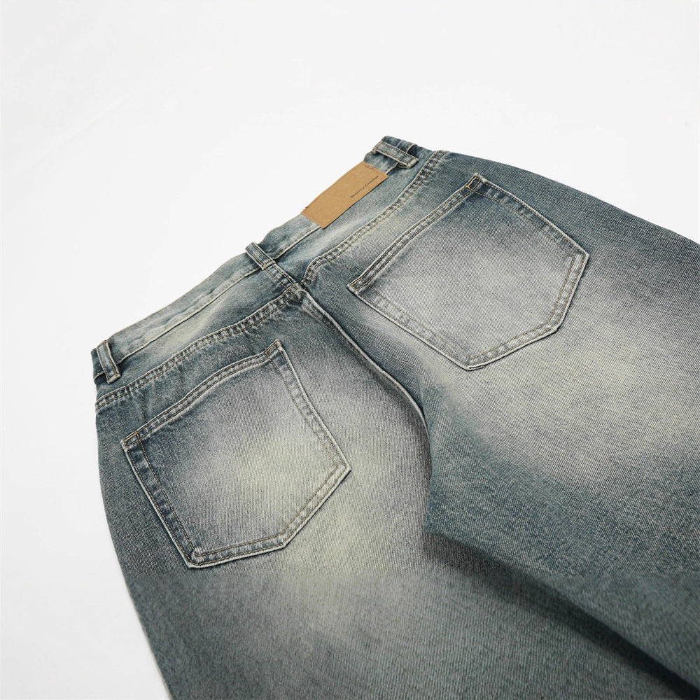 Retro Men's Jeans, Faded White Catwhisker Straight Leg, Versatile, Loose Fit Men's Pants