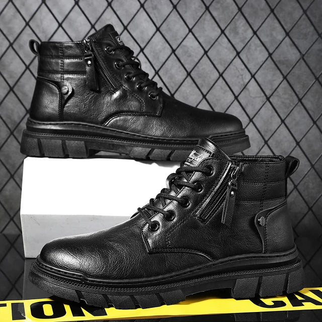 Men's Retro Leather Work Ankle Boots Thick Bottom - High Top