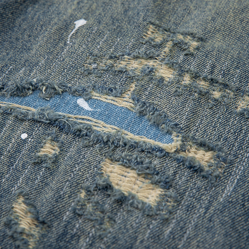 Washed Paint Splatter Patch Hole Catwhisker Straight Leg Jeans for Men