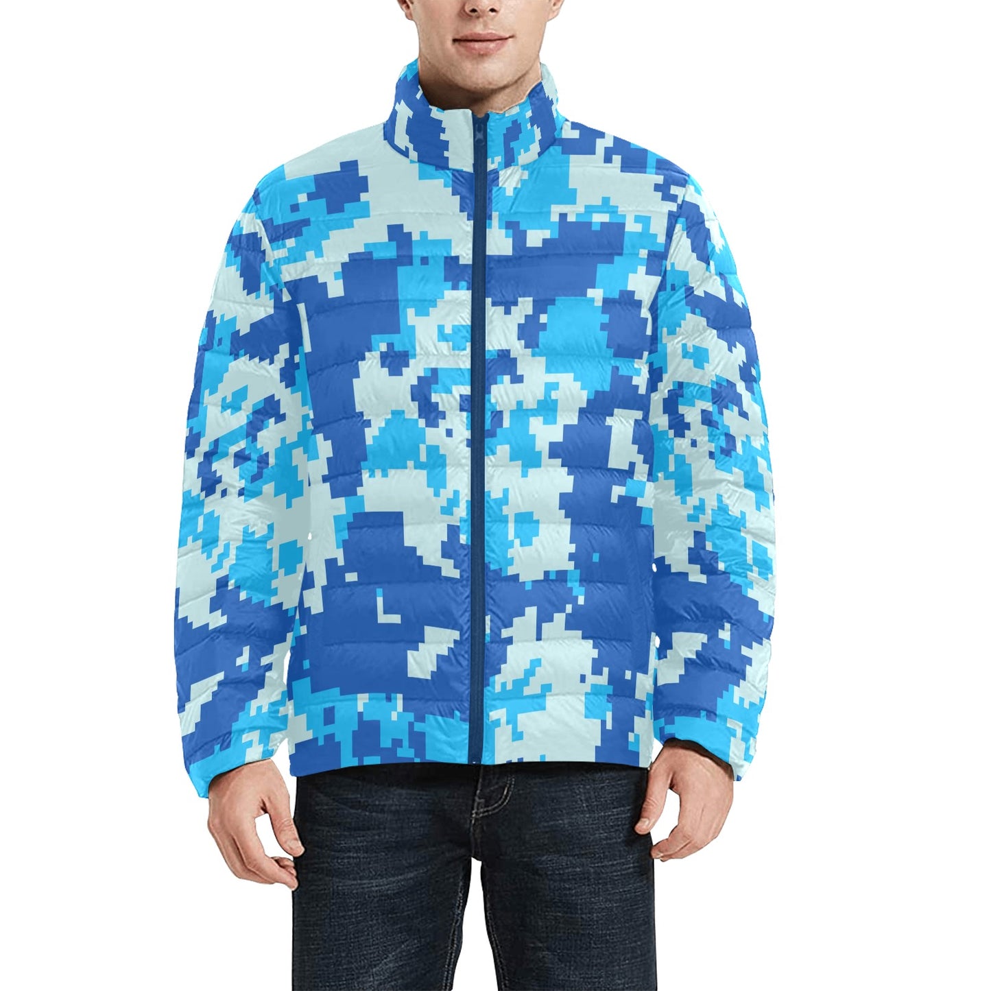 Blue Digital Camo Men's Puff Bomber Jacket
