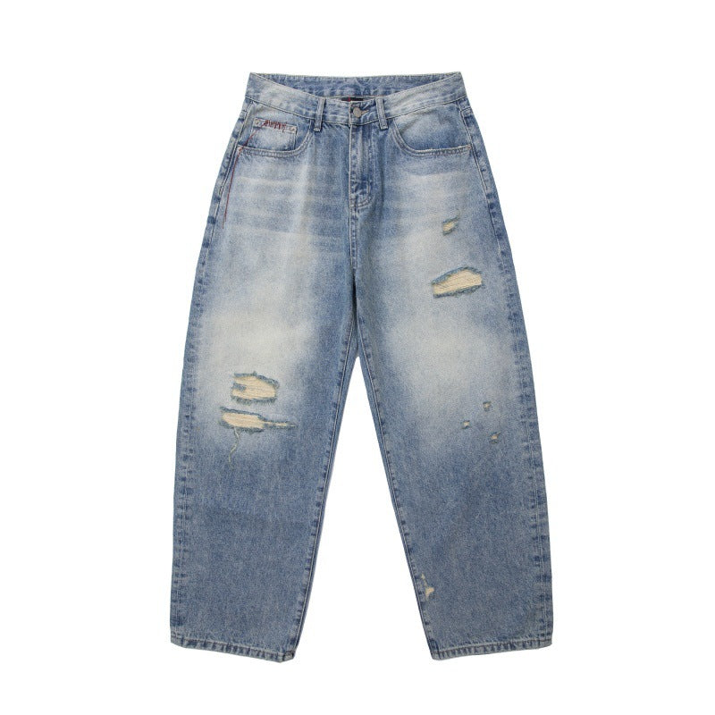 Heavy Washed Fleece Distressed Loose Casual Jeans for Men
