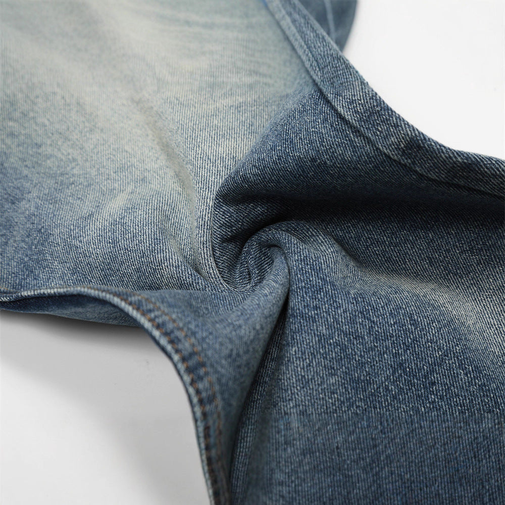 Vintage Men's Denim Jeans, Dye-Washed Faded Catwhisker Streetwear Style, Loose Fit, Versatile Casual Pants