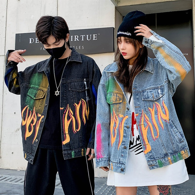 Autumn Harajuku Vintage Hand Painted Graffiti Print Denim Jacket