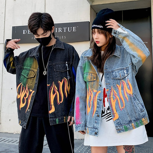 Autumn Harajuku Vintage Hand Painted Graffiti Print Denim Jacket