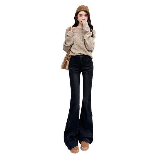 Women's High Waist Flared Denim Pants - Retro Elastic Skinny Trousers